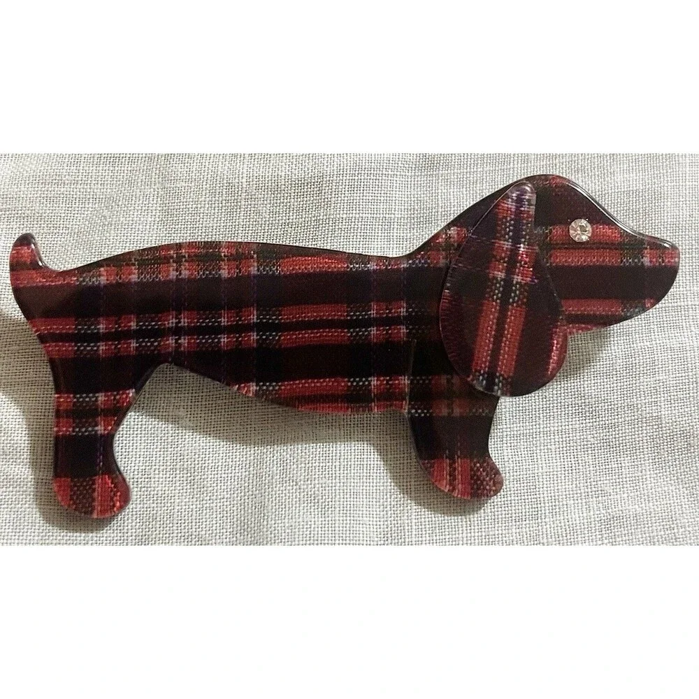 Vintage Dachshund Scotty Dog Brooch Red Plaid Lucite Rhinestone Eye Pin
